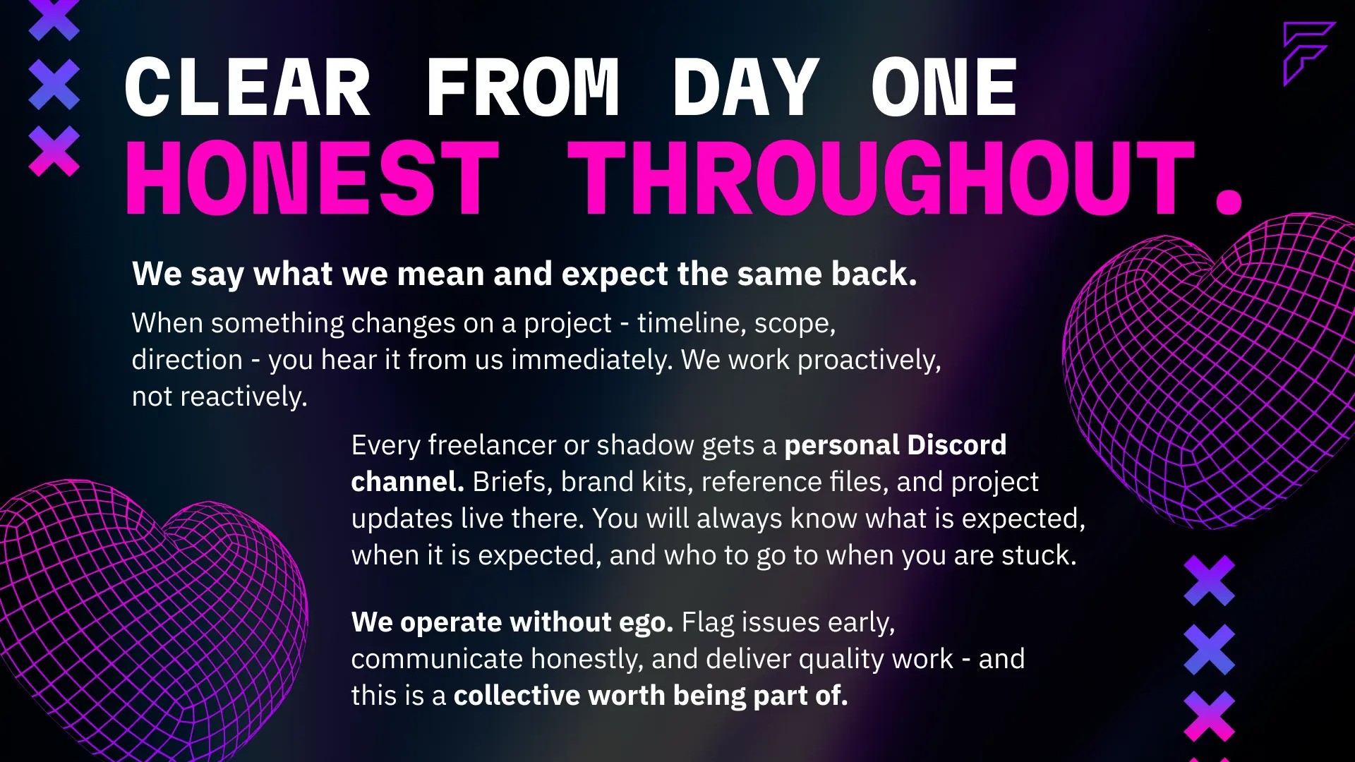 Clear from day one, honest throughout. Scope changes are communicated immediately. Every freelancer gets a personal Discord channel with briefs, brand kits, reference files, and project updates always in one place. Fractis operates without ego — flag issues early, communicate honestly, and deliver quality work.