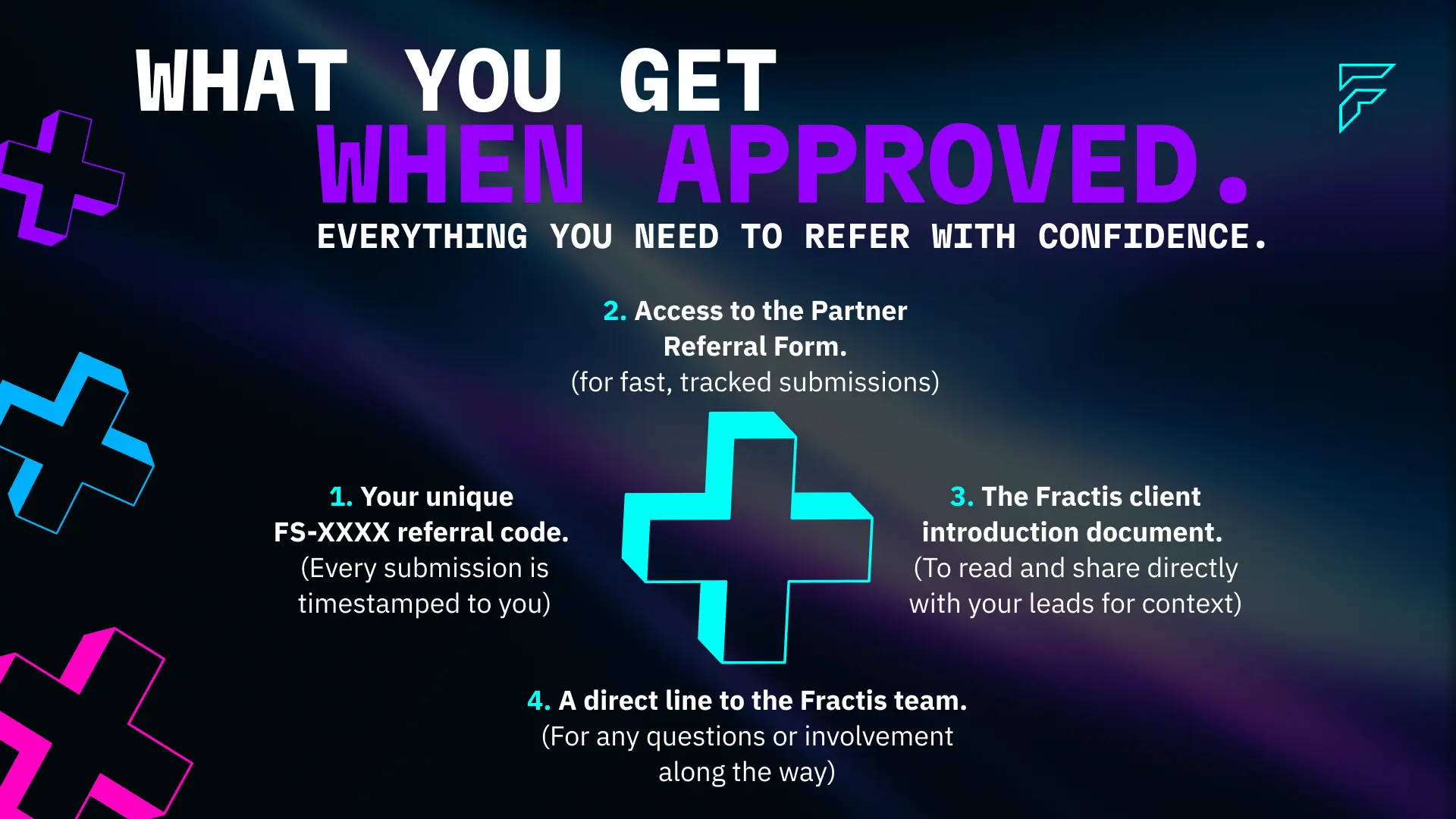 What approved Fractis Referral Partners receive — a unique FS-XXXX referral code with timestamped submissions, access to the Partner Referral Form, the Fractis client introduction document to share with leads, and a direct line to the Fractis team for any questions or involvement along the way.